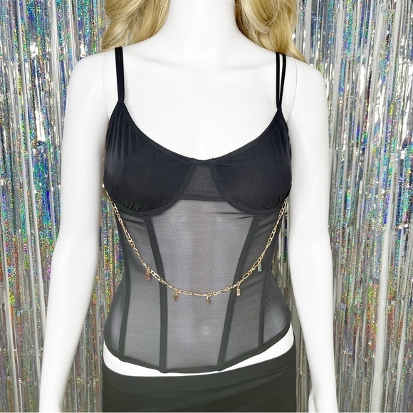 Black Upcycled Mesh Sheer Corset Chain Y2K Tank Blouse Small - Picture 1 of 7